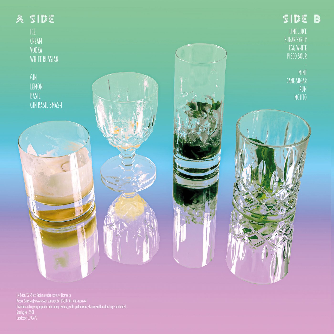Back of the sleeve: A side and B side listed as cocktail ingredients