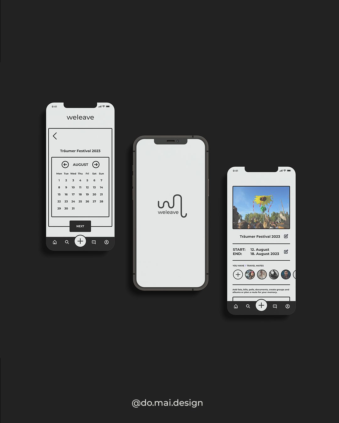 Weleave splash screen, calendar and trip screens