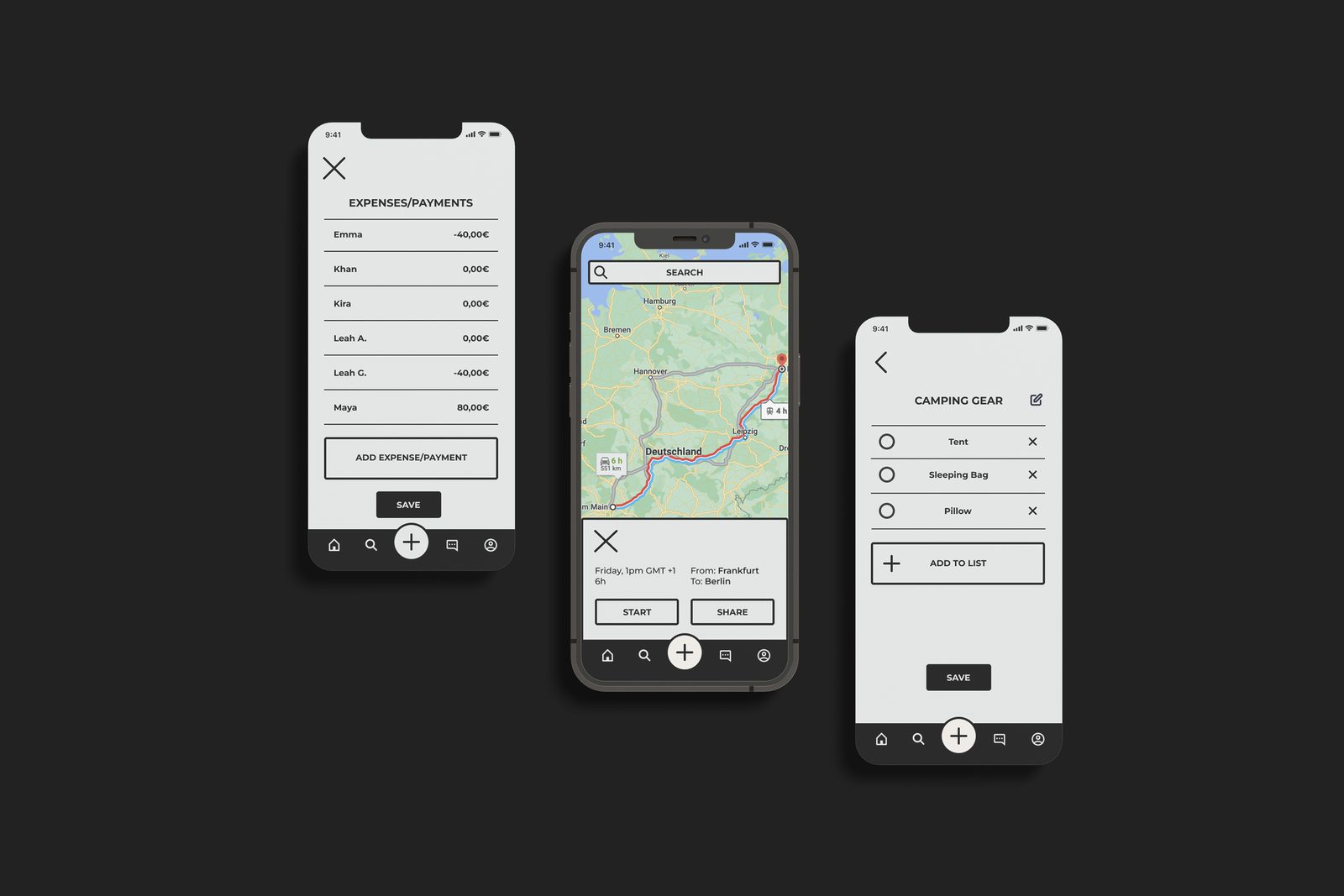 Weleave app screens: trip overview, map and voting
