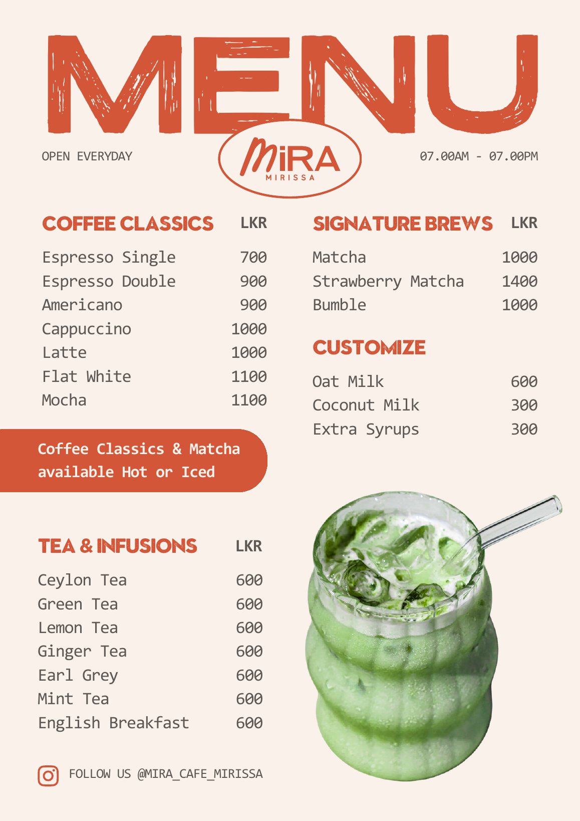 Mira café menu