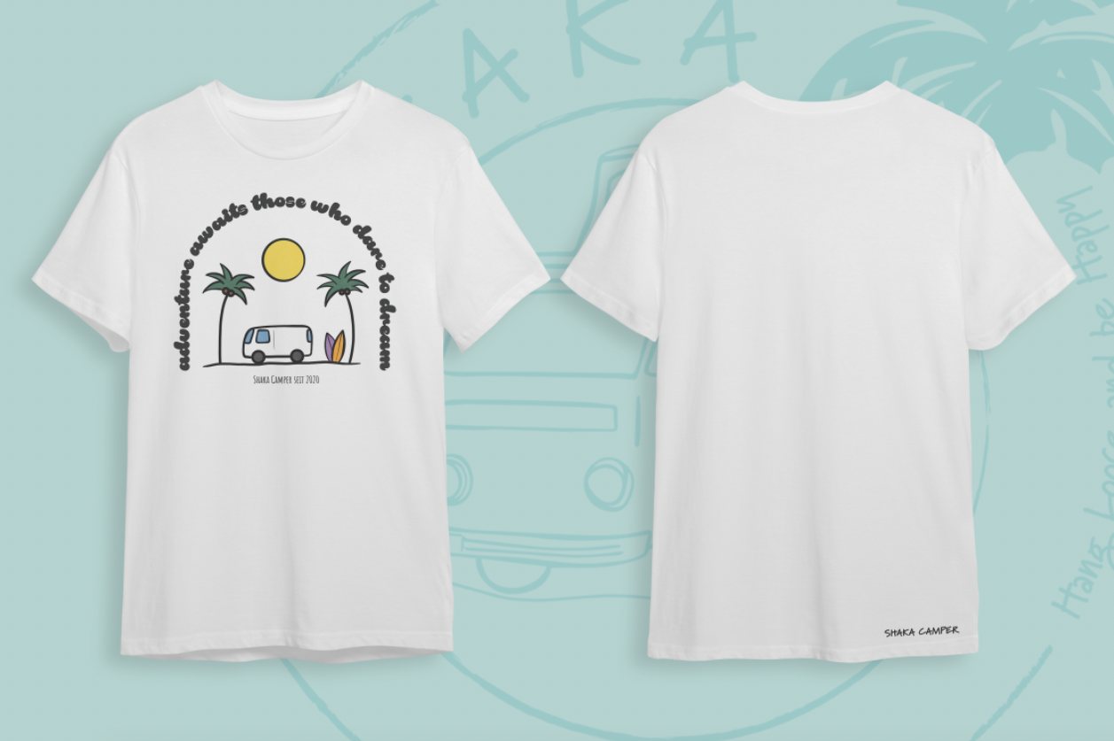 Two white shirts with a round lettering print