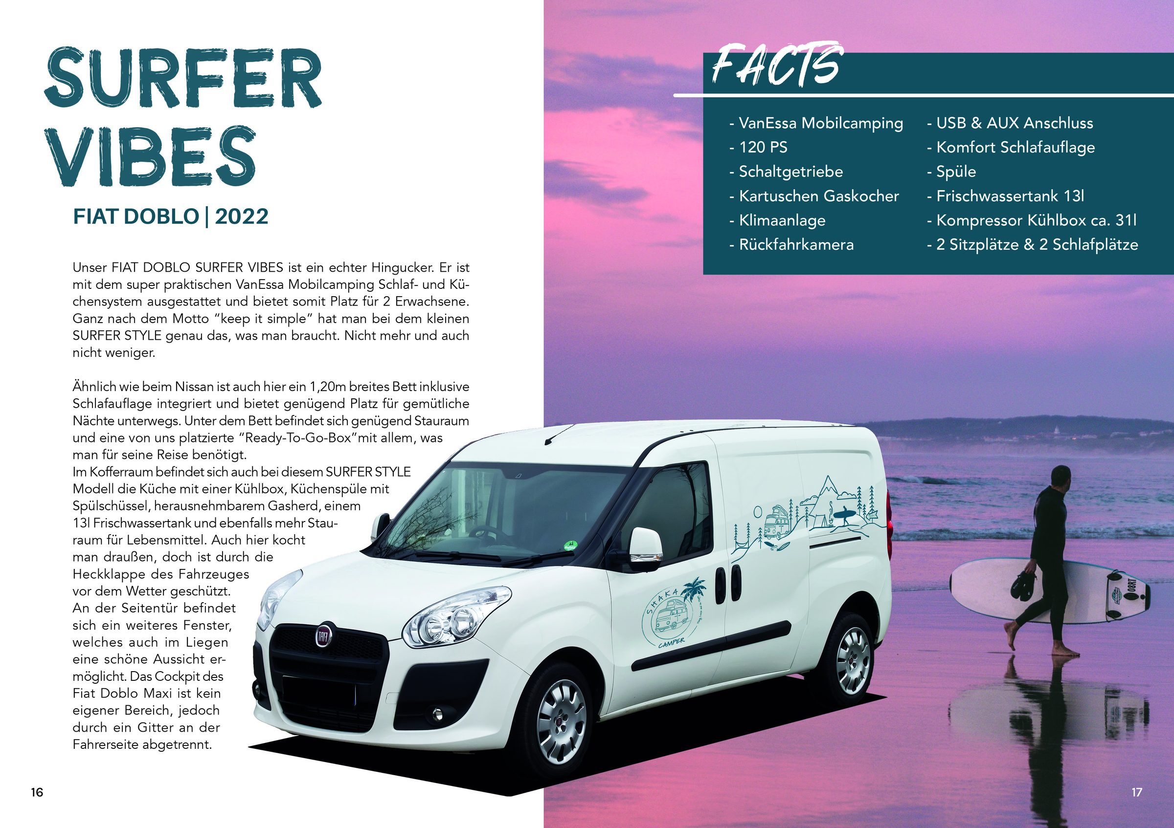 Magazine spread: Surfer Vibes with a white van on the beach
