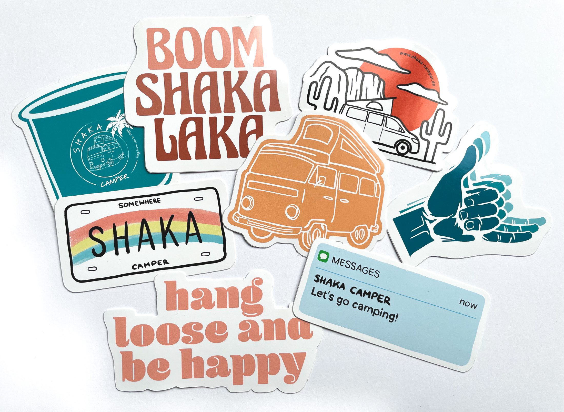 Shaka Camper sticker set: Boom Shaka Laka, licence plate, shaka hand, hang loose and be happy