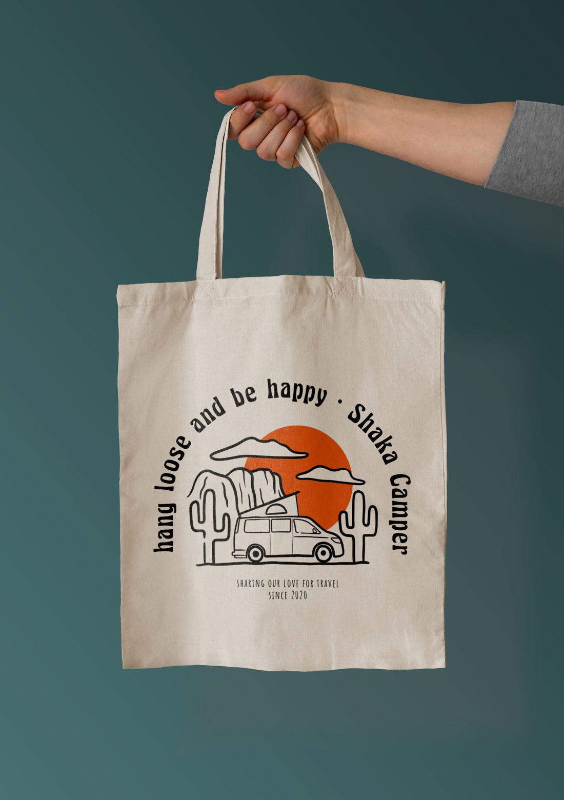 Tote bag: hang loose and be happy, with a van under an orange sun